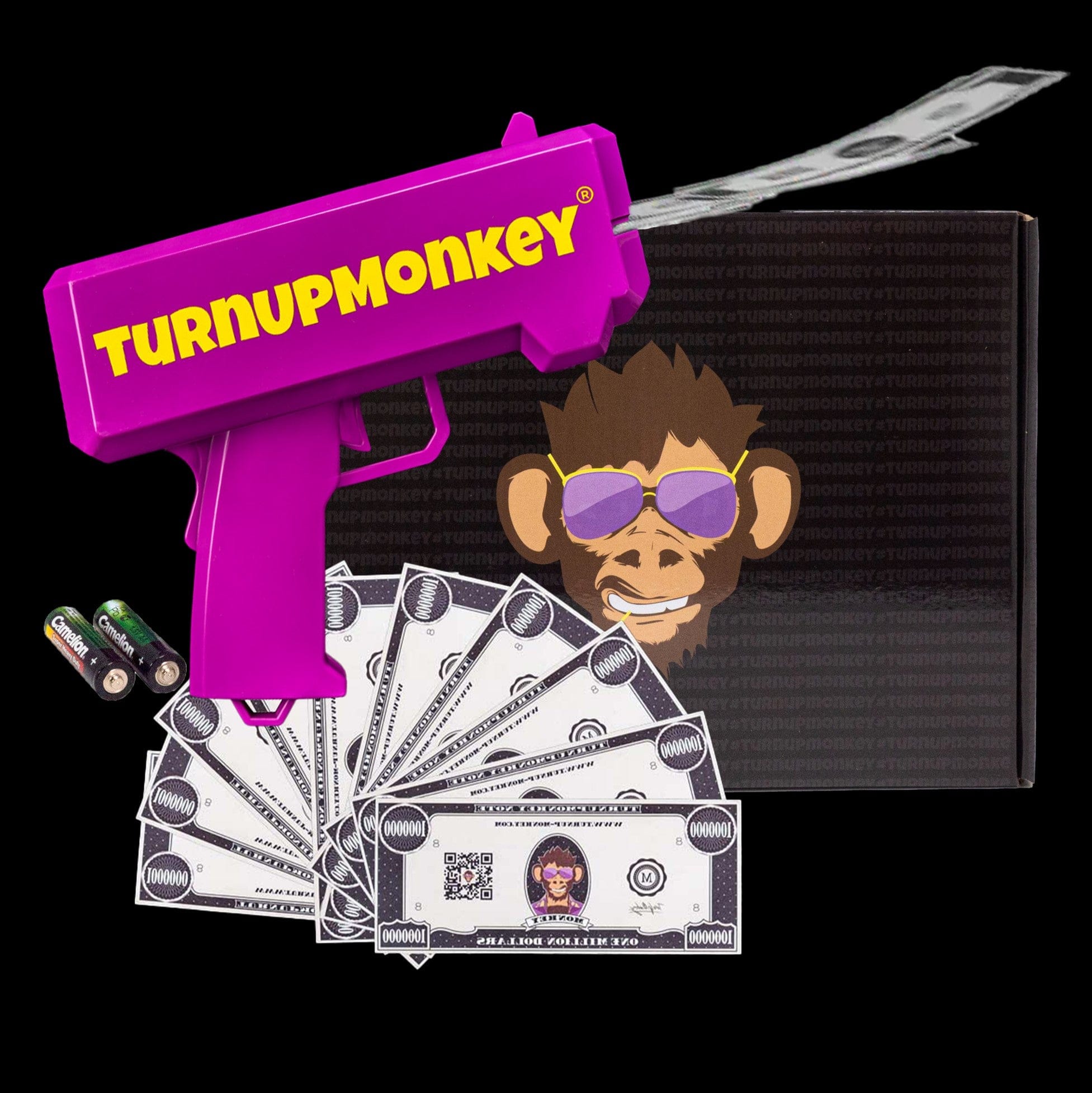 Monkeygun mit Geldscheinen, Batterien und Verpackung
