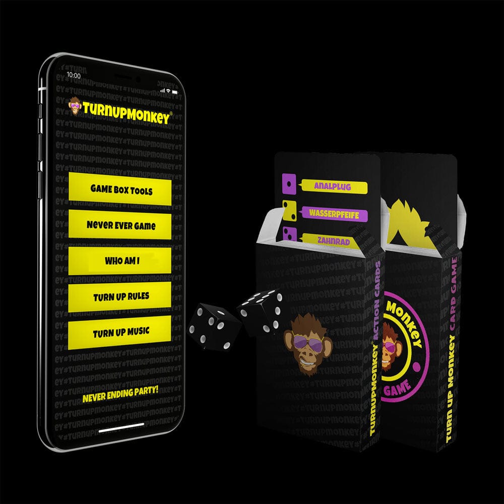 Gamebox von Turnupmonkey und die Turnupmonkey-App auf einem Smartphone